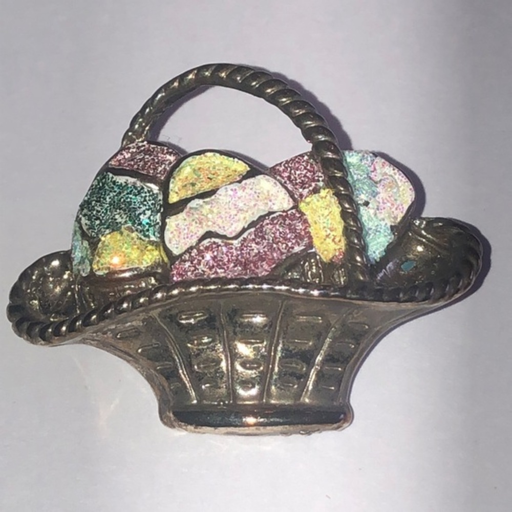 Vintage Colorful Silver Tone Easter Egg Basket Brooch